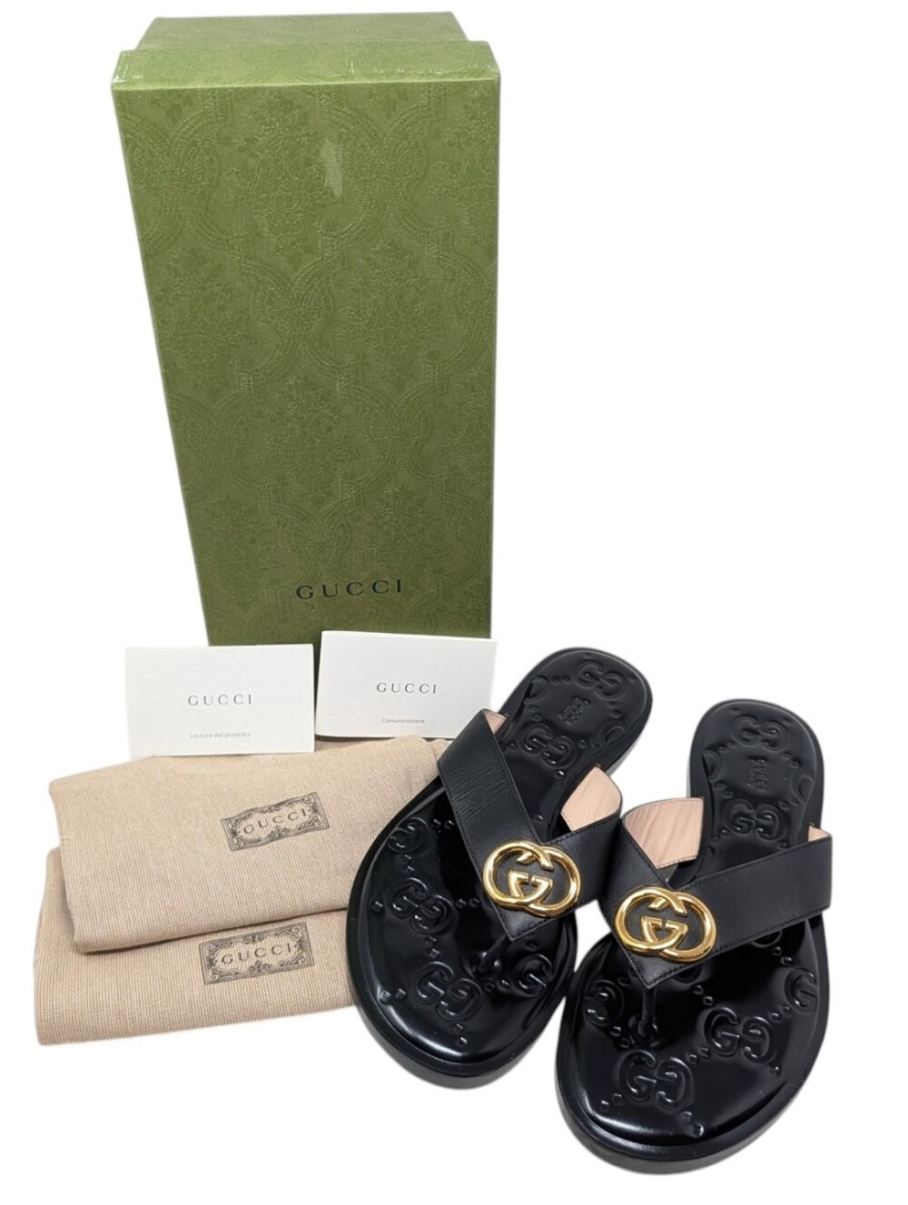 Gucci Black Leather Interlocking GG Logo Thong Sandals Size EU 39.5